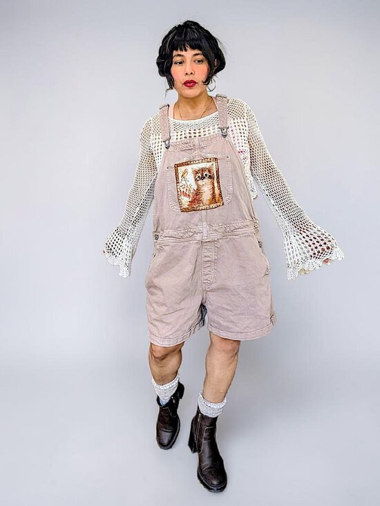 Vintage Pants - VTG 90s prairie fairy cottage kitten cat brown taupe denim overalls OS unisex
